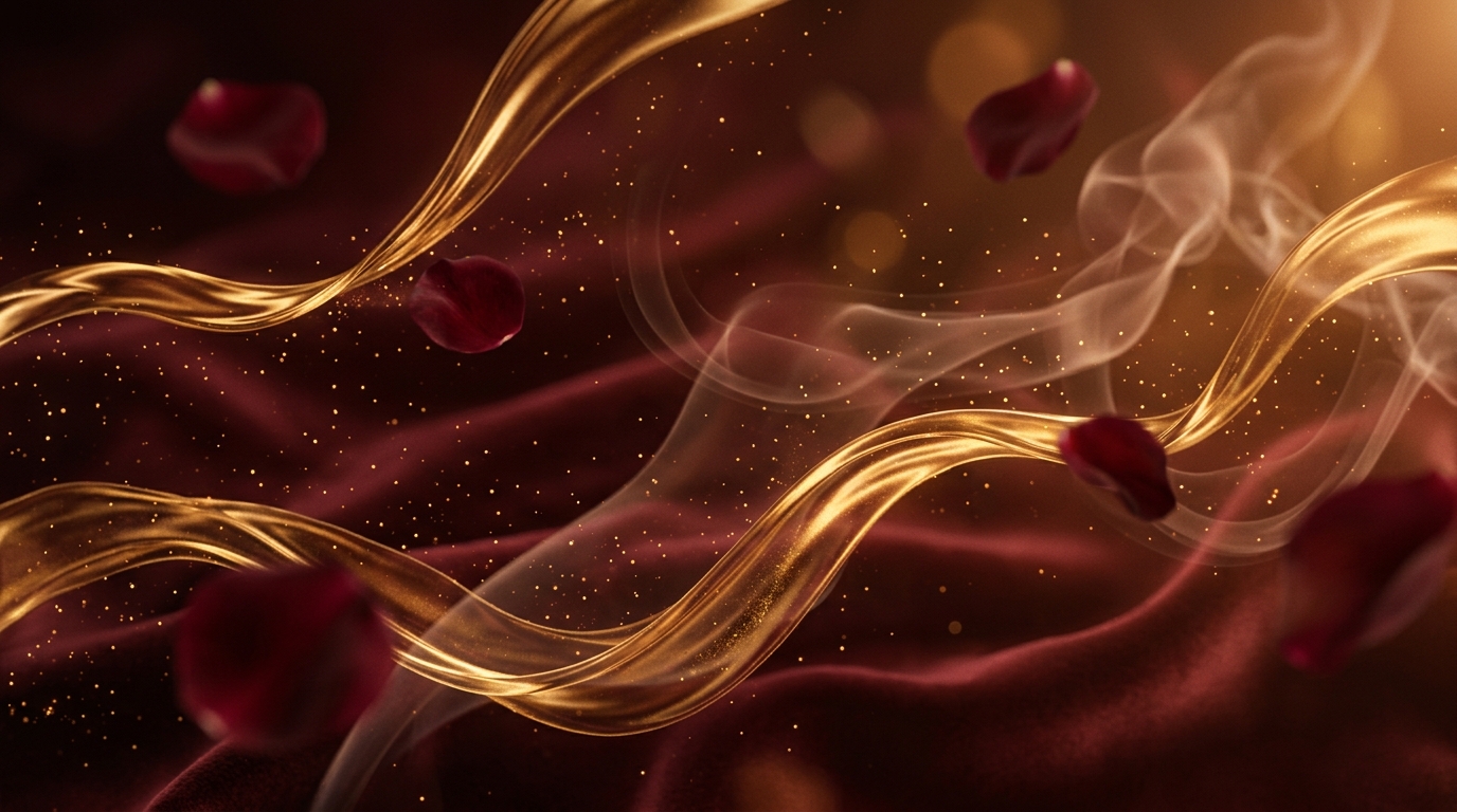 Luxury perfume aesthetic with flowing liquid gold ribbons, aromatic incense smoke, and deep burgundy velvet